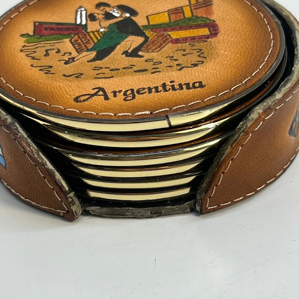 Argentina Souvenir Round Coaster Set Faux Leather Case Tango Design Brown - Picture 4 of 4
